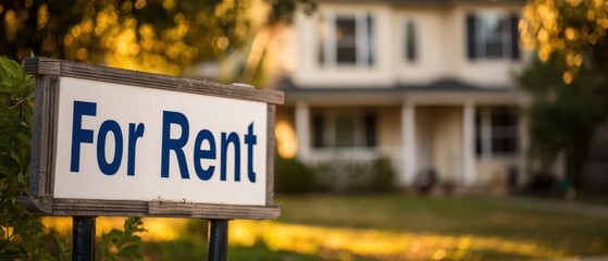 Obraz premium The For Rent Sign in Front of a Charming Suburban Home at Golden Hour