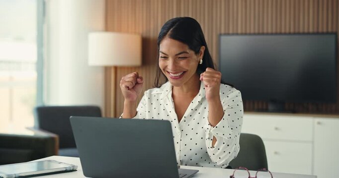 Investor, laptop and happy woman in office, online reading and email for trading portfolio. Person, broker and employee in workplace, pc and profit growth with checklist for company revenue and smile