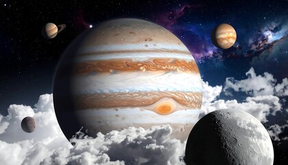 A gas giant planet with colorful bands and moons in a cosmic landscape