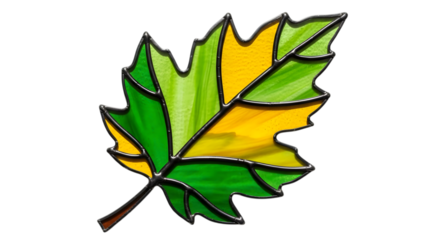 Vibrant stained glass leaf with green and yellow hues isolated on transparent background
