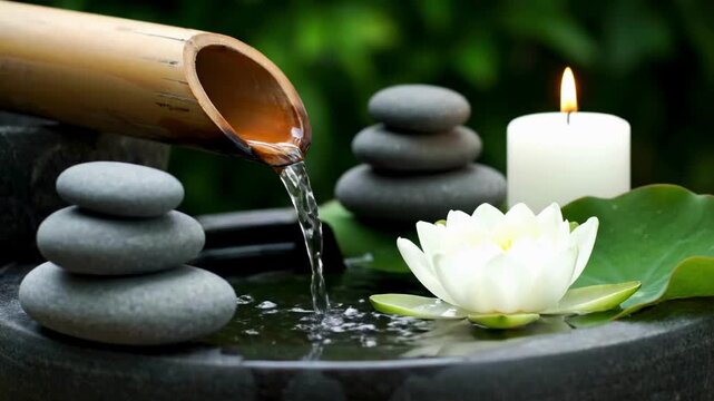 Zen garden with bamboo fountain with running water and smooth black zen stones stacked in a pyramid shape, white lotus flower and lighted candle. 