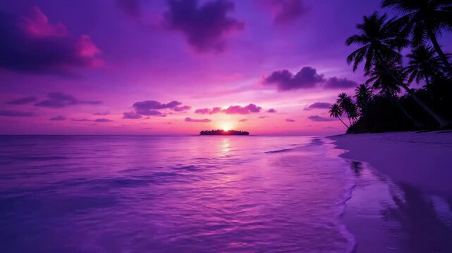  Purple sunset on a tropical island, sea surf on a sandy beach with silhouettes of palm trees under a pink sky. Panorama of tropical coast during sunset