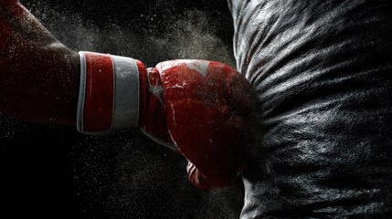 The boxing glove striking a heavy punching bag with dramatic dust explosion