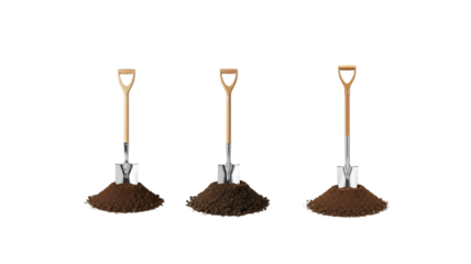 Shovel with soil pile isolated on white background, symbolizing gardening, agriculture, planting, outdoor work, and ground preparation.