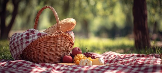 The Picnic Basket on a Red Checkered Blanket with Bread Fruit and Cheese