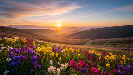 Obraz premium Vibrant flowers sway gently in a serene meadow as sunrise unfolds over rolling hills