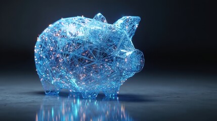 The piggy bank made of glowing digital network lines and data points