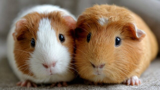 Two small brown and white guinea pigs are standing next to each other