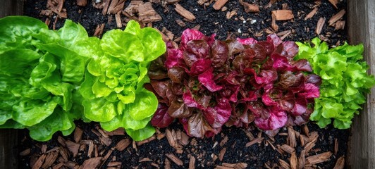 The lettuce garden bed with green and red leaf lettuce in neat rows