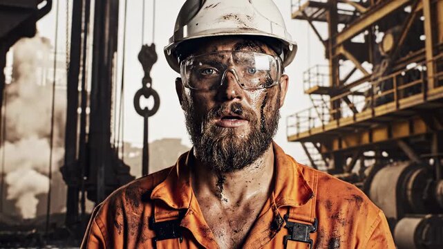 Grimy adult male oil worker wiping sweat and looking at camera on an oil rig. Concept of demanding labor and perseverance