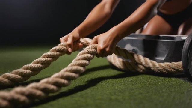 Pulling a Heavy Sled Rope. Fitness Resolutions - High-Intensity Training & Athletic Ambition. Powerful hands gripping a rough rope attached to a heavy sled showing the intense pull.
