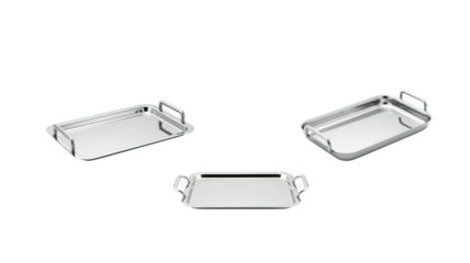 Metal serving tray isolated on white background, suitable for kitchen use, food presentation, catering, restaurant service, and household equipment.