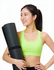 Young asian woman holding yoga mat isolated on a white background.