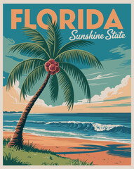 Florida Travel Poster &ndash; Vintage Beach Illustration with Palm Trees