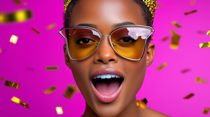 Person Mid-Laugh in Photo Booth with Silver Star Sunglasses, Glam Filter Glow, and Floating Golden Digital Confetti Crown on Solid Magenta Backdrop.