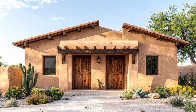Southwestern adobe house with desert landscaping.