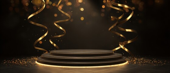 The Pedestal Stage Surrounded by Golden Confetti and Spiral Ribbon Streamers
