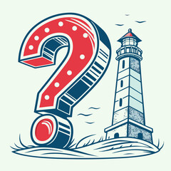 Striking illustration pairing a gigantic illuminated question mark symbol next to a tall coastal lighthouse standing firm against the ocean waves.