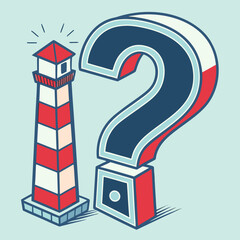Illustrative concept representing a brightly lit nautical lighthouse standing next to a giant dimensional question mark symbolizing guidance and uncertainty exploration