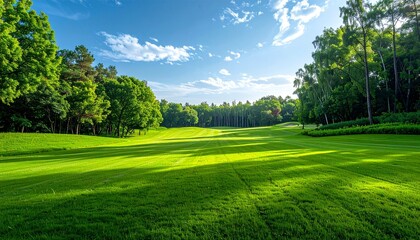 Fototapeta premium Sunny green field with trees and blue sky.