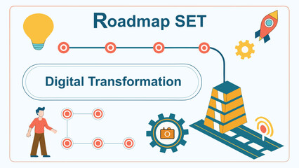 Naklejka premium Digital Transformation Roadmap: A visual guide depicting the stages of digital transformation, illustrated with key symbols like a light bulb, rocket, gears, and a person.