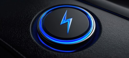 The Power Button With Blue Lightning Symbol On Sleek Black Textured Surface