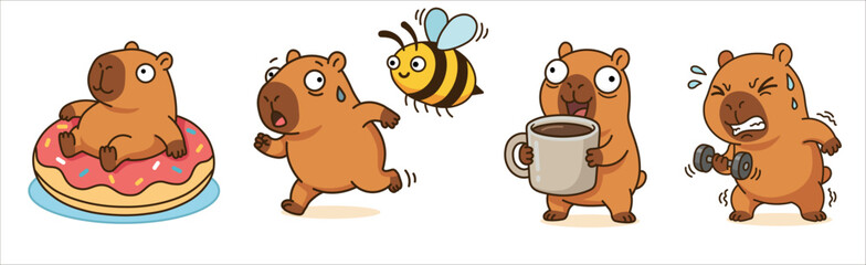 Funny capybara sticker set with cute characters drinking coffee lifting dumbbell running from bee and relaxing on donut floaty kawaii animal emotions for digital planners and greeting cards.