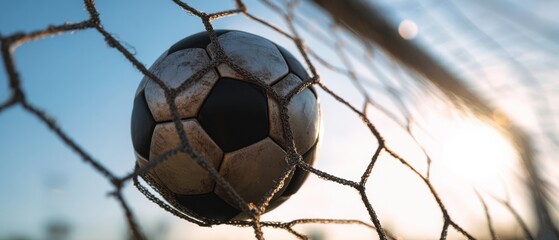 The Soccer Ball Hitting the Net at Sunset in a Dramatic Closeup Shot
