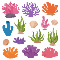 Whimsical cartoon coral reef vector illustration set with algae, seaweed and seashells © MdAmzad