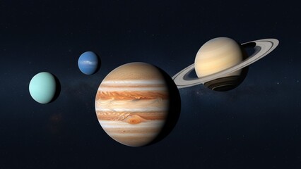 An illustration of the planets in our solar system, featuring Jupiter, Saturn, and the ice giants, set against a dark cosmic background
