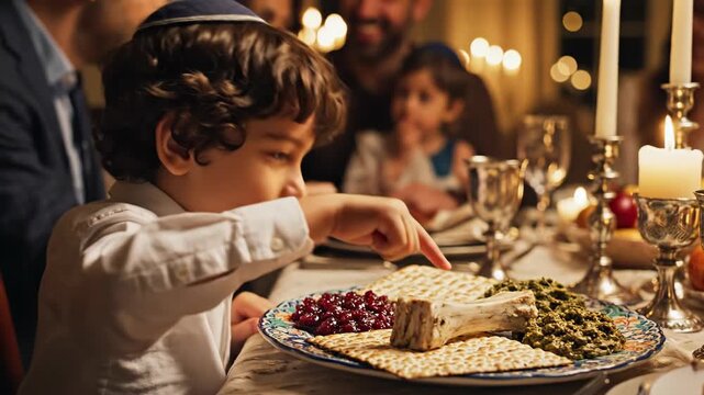 Young Boy Participating in Passover Seder Dinner with Family, Traditional Food and Candles, Celebration of Jewish Heritage and Cultural Rituals