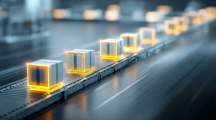 Automated Conveyor Belt System with Glowing Smart Packages in a Futuristic Digital Warehouse Factory for Advanced Logistics and Industry 4.0 Solutions