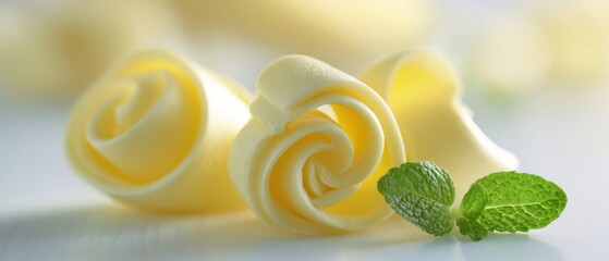 The Butter Curls with Fresh Mint Leaves on White Background in Soft Light