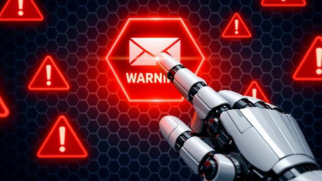 AI technology risk management compliance ethics governance framework control laws standards warning alert concept robotic hand pointing digital screen ensuring protection from threats