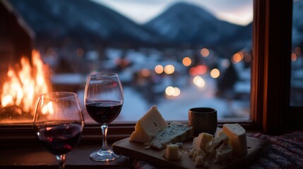 A warm, inviting scene features red wine and cheese by a window, overlooking a snowy village and mountains.