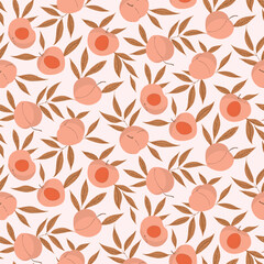 Ripe, juicy apricots and leaves scattered as a minimalist fruit pattern in colors of cream, orange and brown on off white background. Botanical seamless vector pattern. Great for home decor, fabric.
