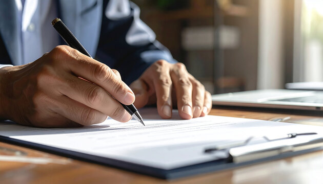 Signing Contract: A close-up shot captures the focused action of a hand meticulously signing a contract with a sleek pen, symbolizing commitment and agreement.