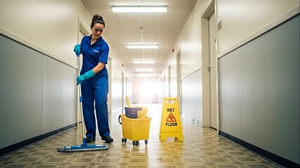 Diligent female cleaner mopping a long brightly lit hallway with a wet floor sign in a commercial building