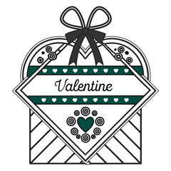 Decorative heart shaped gift box design featuring the word valentine surrounded by stylized floral elements and a prominent bow perfect for holiday celebration graphics