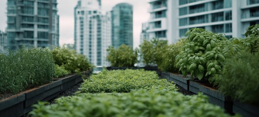The rooftop garden amidst modern glass highrises with lush herbs and greenery