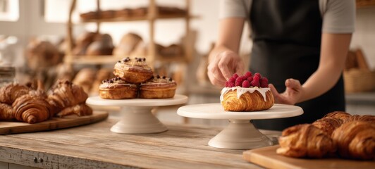 The pastry chef arranging a raspberry topped croissant on a white cake stand