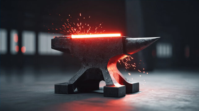 Cinematic close-up of a traditional steel anvil with a glowing red-hot metal rod and flying sparks in a dark industrial workshop, illustrating the craft of blacksmithing and metal forging. - Powered by Adobe