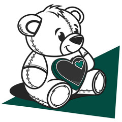 Adorable black and white teddy bear illustration happily sitting while clutching a stylized heart emblem with teal accents perfect for children's designs