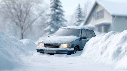 Ice covered car in open snowy landscape with frozen road and forest background highlighting severe winter frost cold climate travel conditions and quiet minimal seasonal lifestyle atmosphere