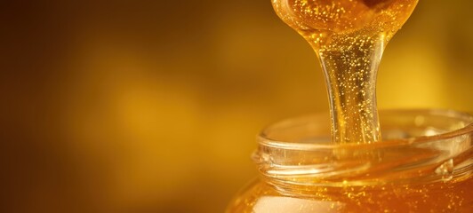 The Honey Pouring Into a Glass Jar With Warm Golden Bokeh Background