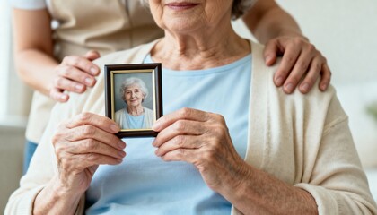 An elderly woman holds a framed photograph of her younger self. A caregiver's hands offer support to a senior with memory loss. Nostalgia and aging concept