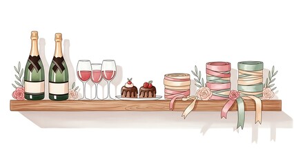Watercolor Illustration of Celebration Shelf with Champagne and Cakes - Party Decor.