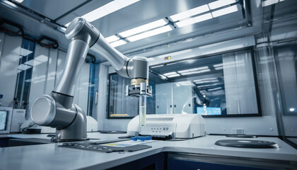 Biotech laboratory robot arm drug test discovery automation research equipment precision instrument clean steel modern lab interior advanced technology