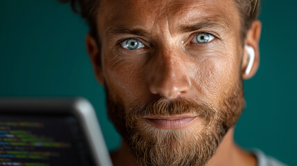 Close-Up Portrait of Focused Software Developer with Tablet Displaying Complex Colorful Code, Wireless Earbud Visible, on Gradient Teal Background.