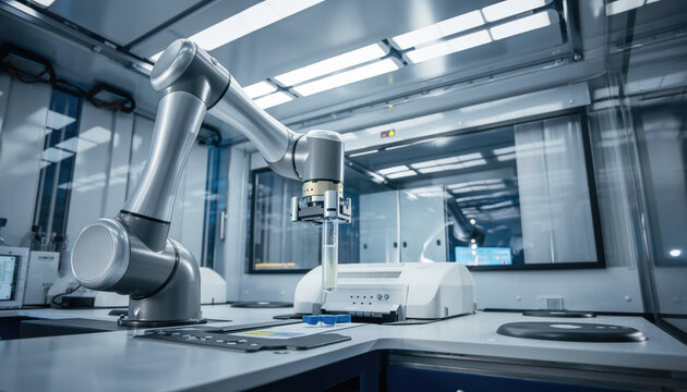 Biotech laboratory robot arm drug test discovery automation research equipment precision instrument clean steel modern lab interior advanced technology